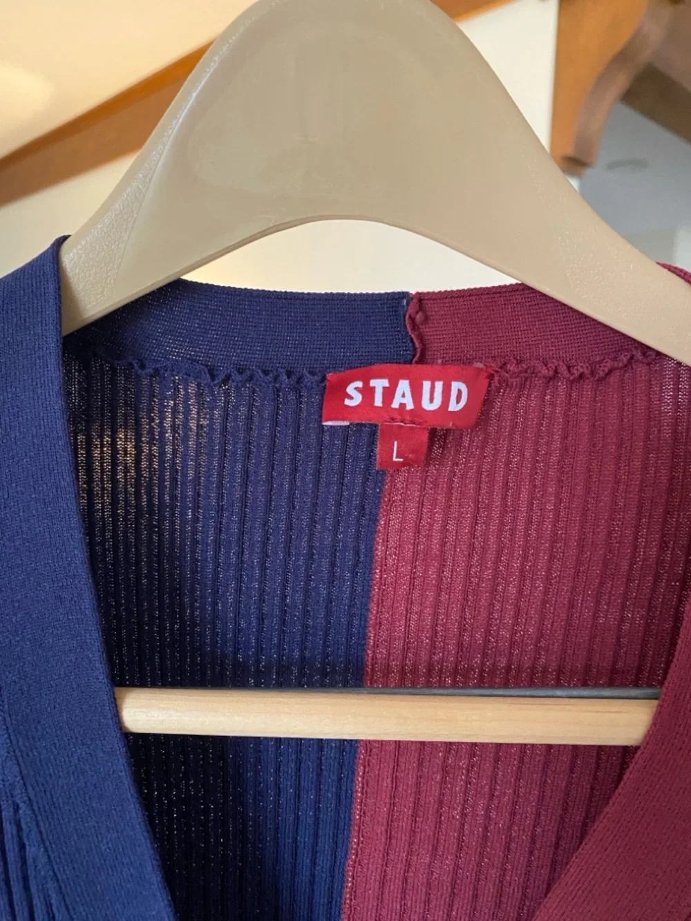 STAUD Shoko Two-Tone Ribbed Button-Down Maxi Cardigan - Navy & Burgundy - Picture 4 of 4